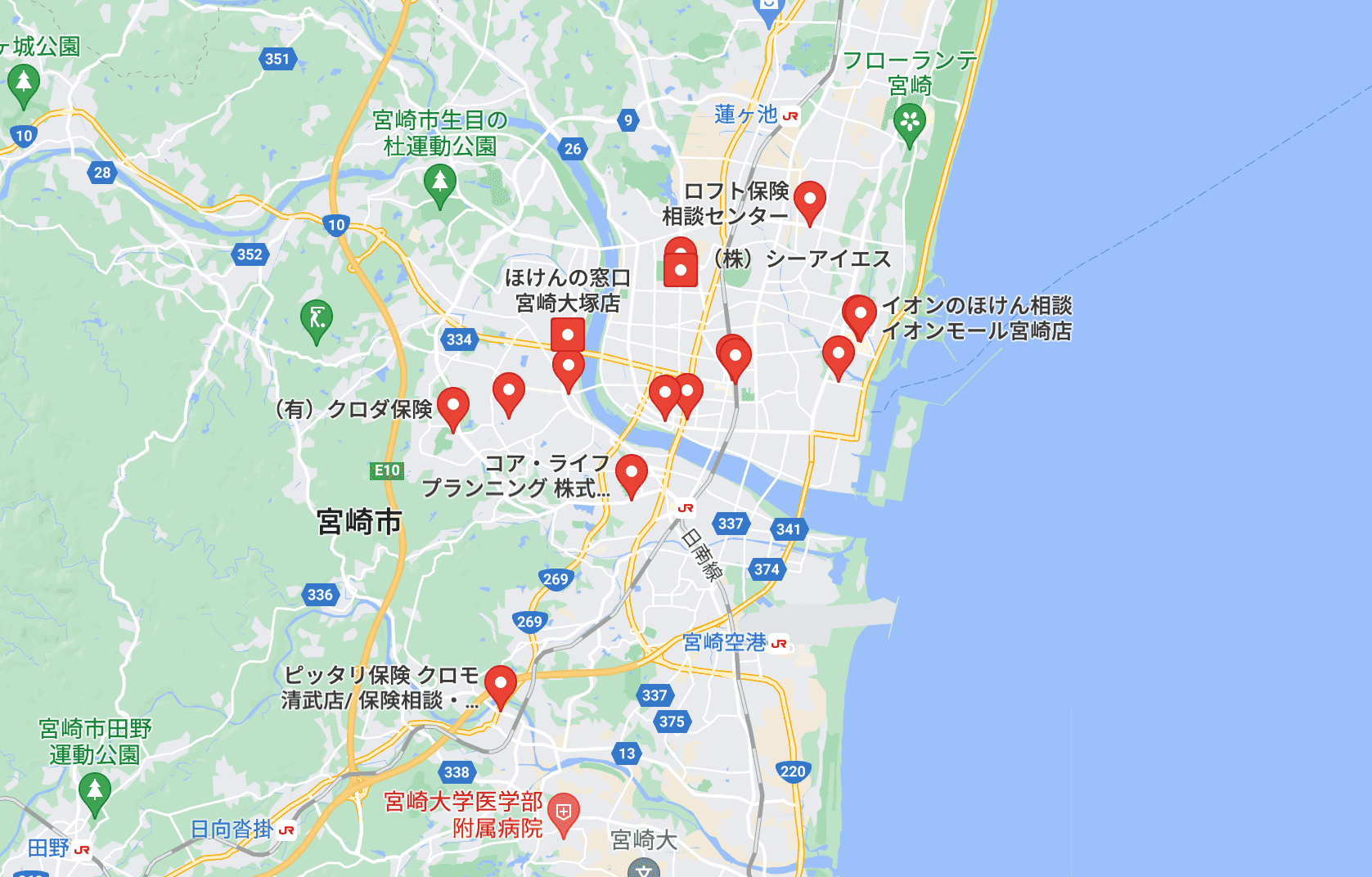 宮崎の保険相談窓口のマップ